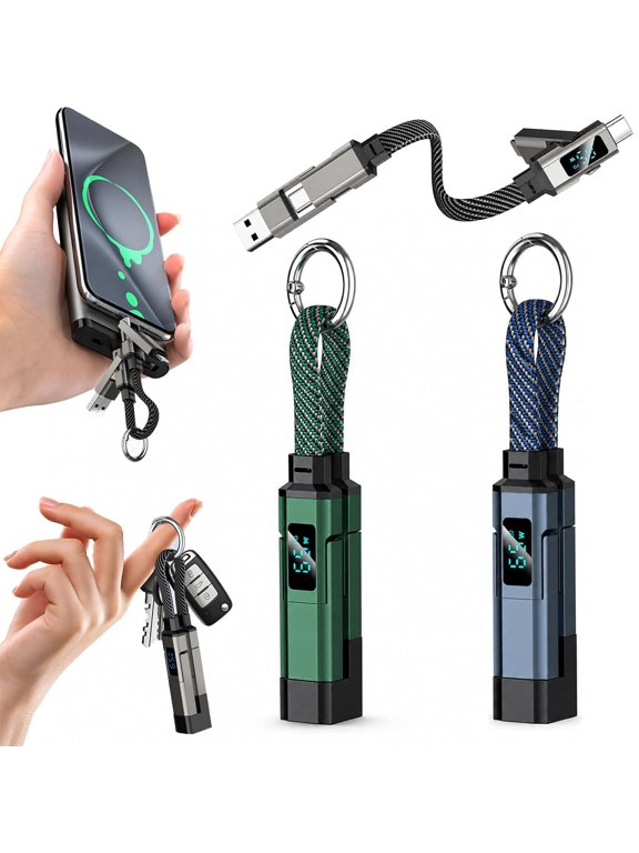 4-in-1 Digital Display Keychain Charging Cable, 65W USB C Fast Charging Short Cord, Portable Multi Charger Key Ring for iPhone, iPad, Samsung, USB C Devices, Tablets, Laptops (Green+Blue)