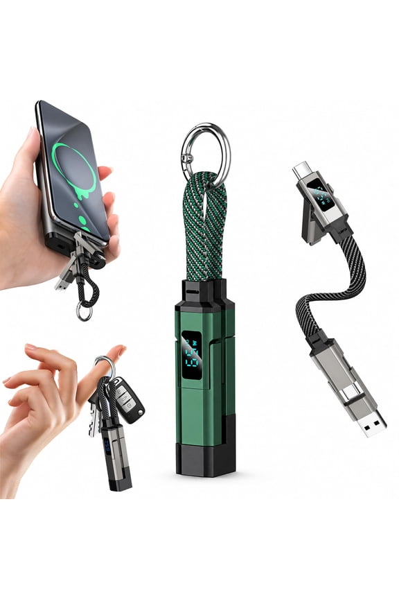 4-in-1 Digital Display Keychain Charging Cable, 65W USB C Fast Charging Short Cord, Portable Multi Charger Key Ring