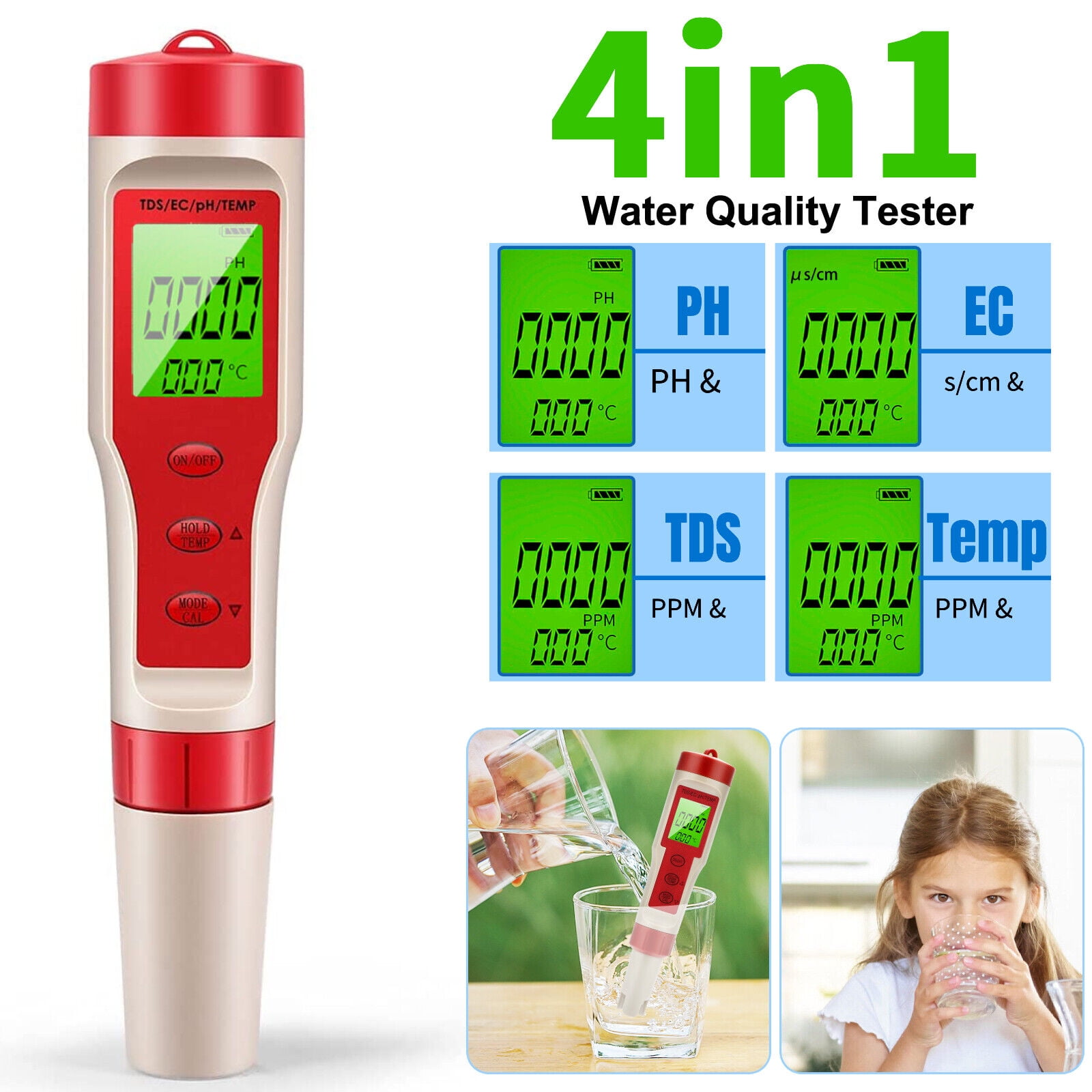 4 in 1 Digital PH EC Meter LCD Tester Pocket Hydroponics Aquarium Water