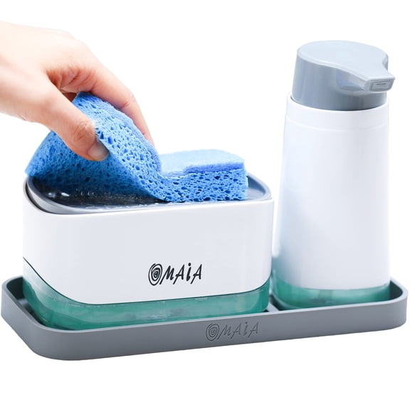 OMAIA 4-in-1 Kitchen Soap Dispenser Set - Dish Dispenser with Sponge Holder and Liquid Pump Hand Dispenser and Silicone Tray