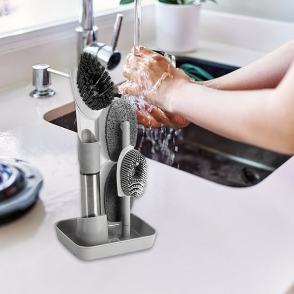 4-in-1 Dishwashing Brush with Replaceable Heads, Long Handle Pot Scrubber for Kitchen, Cleaning Brush for Pots Pans Vegetables, Dish Brush with Stand for Sink