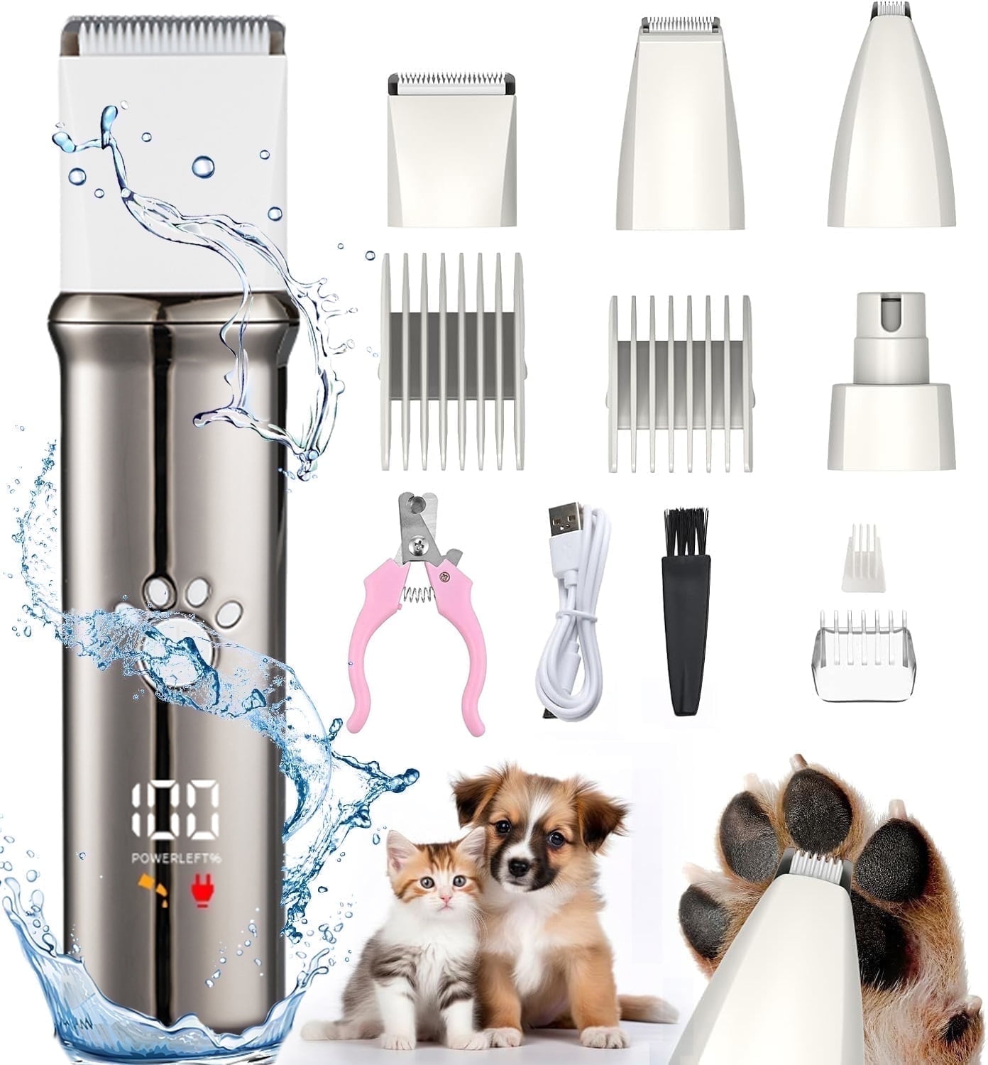 VANECL 4 in 1 Dog Grooming Clippers Kit with LED Display,Waterproof Dog Clippers Cordless for thick hair,Low Noise Dog Hair Trimmer for Dogs Cats Animals