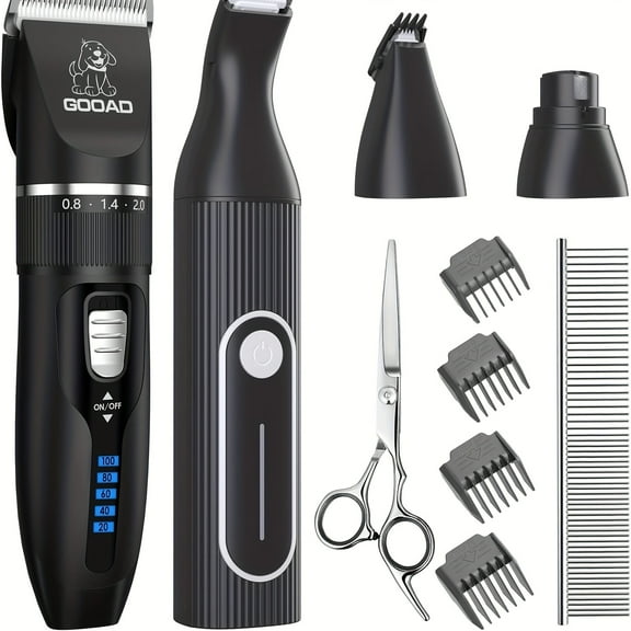 4-in-1 Dog Grooming Kit - Cordless Clippers & Nail Grinder - Low Noise for Thick/Thin Hair - Small/Large Dogs & Cats (Rechargeable)