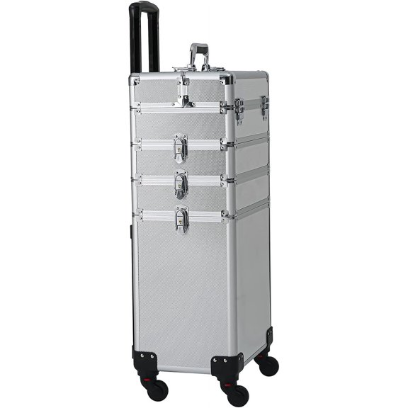 4-in-1 Draw-bar Style Interchangeable Aluminum Rolling Makeup Case with Folding Trays and Locks Silver (13.78 x 9.84 x 29.53)“