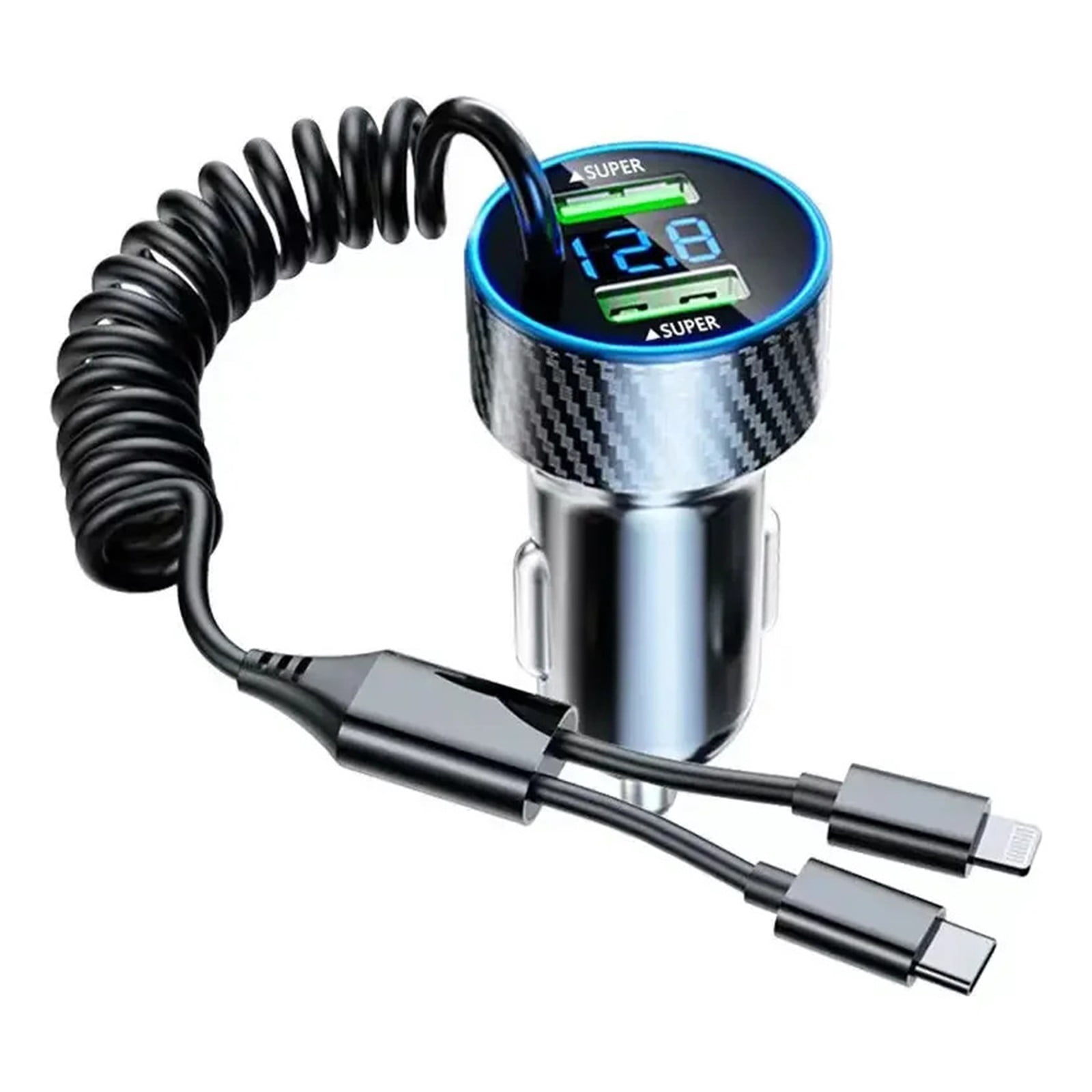 4 in 1 Dual Port USB Car Phone Charger Type C with Retractable Cable Super Fast Charging Adapter
