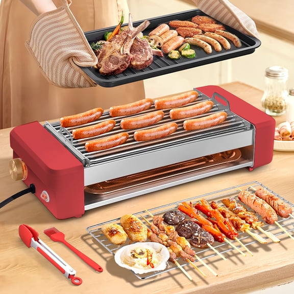 4-in-1 Electric Grill with Grill Net & Non-Stick Removable Plate - 800W Smokeless Indoor BBQ Grill, Temperature Control, Dishwasher Safe, 6-Tube Design for Sausages, Burgers, Sandwiches