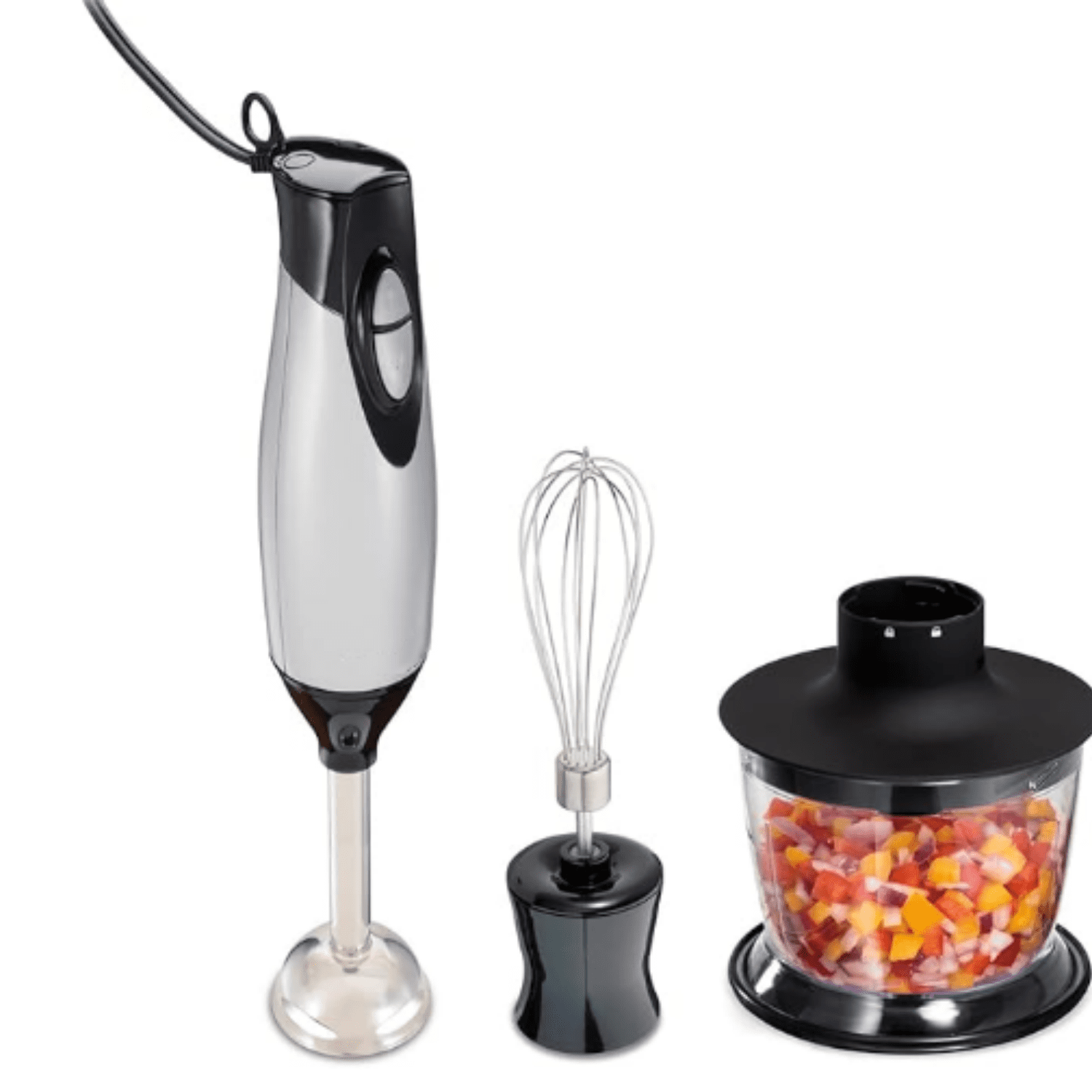 4-in-1 Electric Immersion Hand Blender with Handheld Blending Stick, Whisk + 3-Cup Food & Vegetable Chopper Bowl, 2-Speeds, 225 Watts, Silver and Stainless Steel