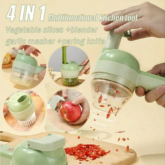 4-in-1 Electric Vegetable Cutter & Chopper  Multifunctional Food Slicer with Garlic Masher, Mixer & Pressing Functions, Green, 20.5 x 9.5 x 8 Inch