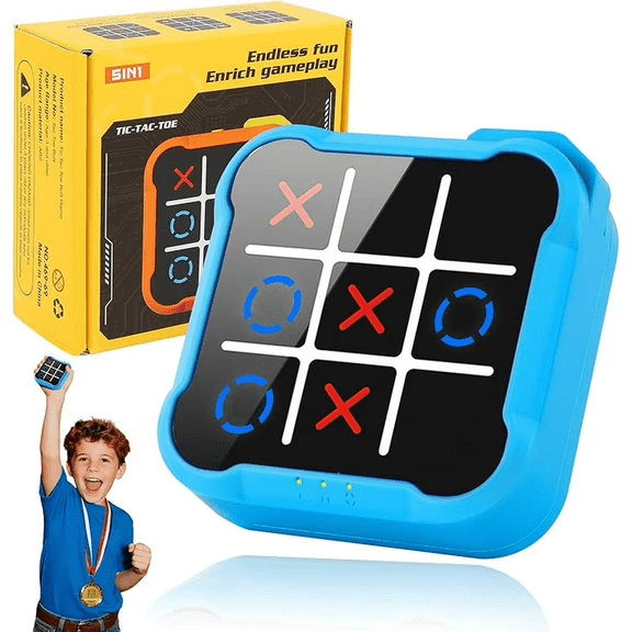 4-in-1 Electronic Tic Tac Toe Bolt Puzzle Game, Handheld Strategy Console with Silent Mode, Memory Flash, and Whack-a-Mole, Portable Travel Brain Game for Home, Office, or Gifts