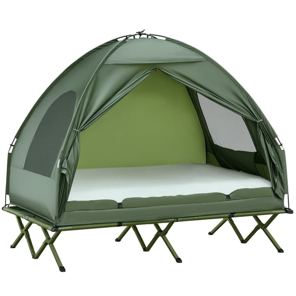 4-in-1 Elevated Camping Tent Cot for 2 Persons with Air Mattress, Foot Pump & Bed Cover, Portable Outdoor Sleeping Combo, Dark Green, 350 lbs