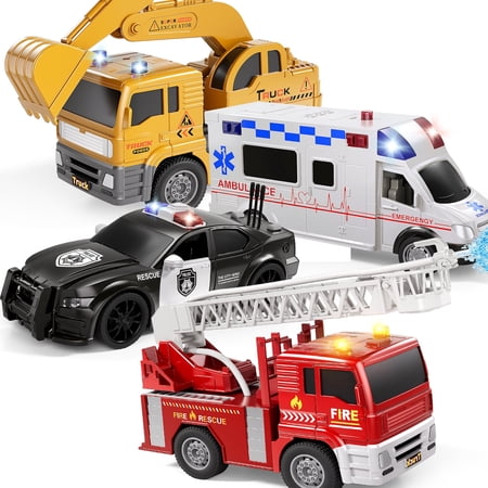 MAGICDINOSAUR 4-in-1 Emergency Rescue Vehicles, Friction Powered Police Fire Ambulance Excavator with Lights and Sounds, for Ages 3+