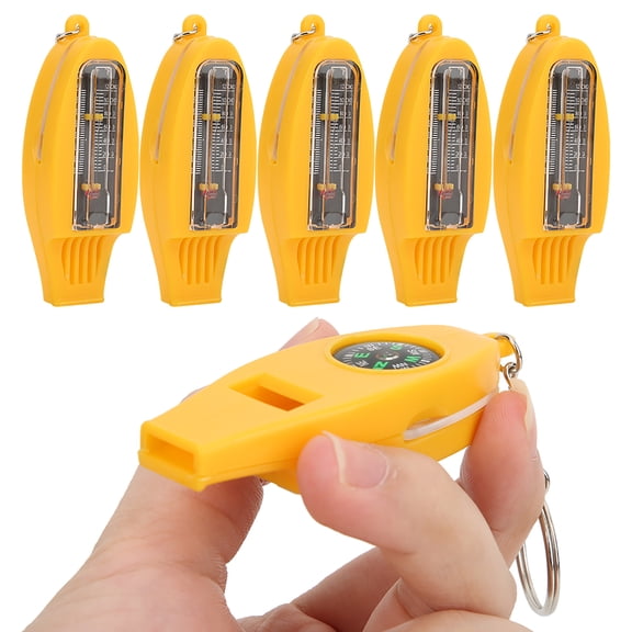 4-in-1 Emergency Survival Whistle with Built-in Navigation Compass, Thermometer & Magnifier for Outdoor Camping, Hiking, Travel Safety (1.2 x 4.4 in / 3 x 11.3 cm) - 5 Pack