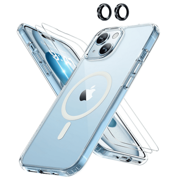 4-in-1 Entronix Bundle for iPhone 14 Plus, Magnetic Clear Case & 2 Screen Protector & Metallic Camera Lens Protector, Black