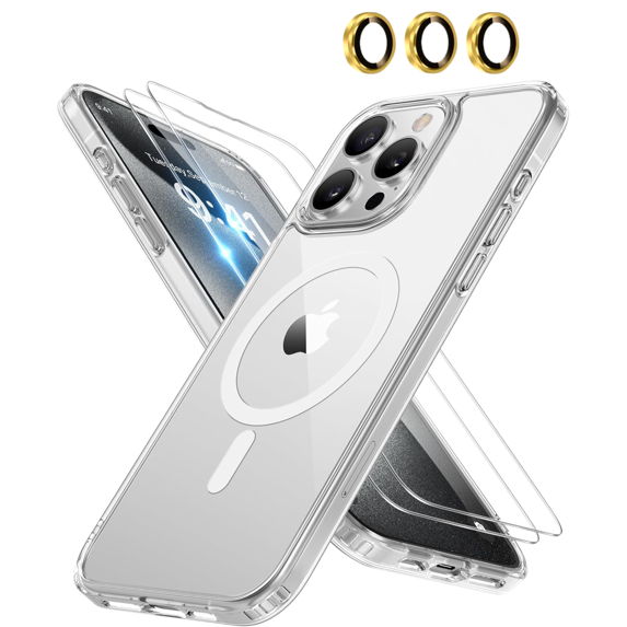 4-in-1 Entronix Bundle for iPhone 14 Pro, Magnetic Clear Case & 2 Screen Protector & Metallic Camera Lens Protector, Gold