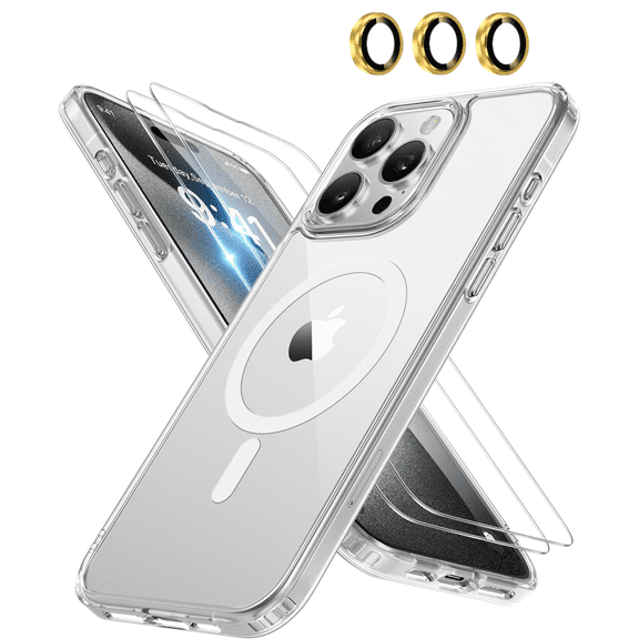 4-in-1 Entronix Bundle for iPhone 14 Pro, Magnetic Clear Case & 2 Screen Protector & Metallic Camera Lens Protector, Gold