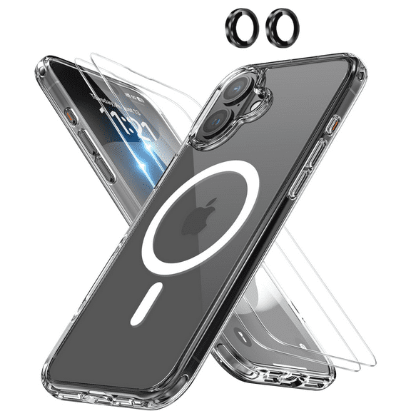 4-in-1 Entronix Bundle for iPhone 16, Magnetic Clear Case & 2 Screen Protector & Metallic Camera Lens Protector, Black