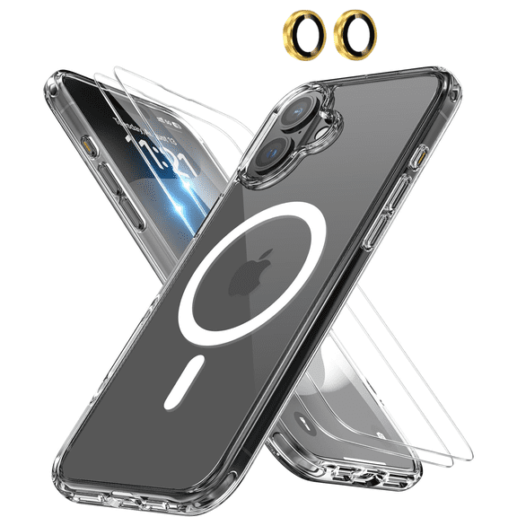 4-in-1 Entronix Bundle for iPhone 16 Plus, Magnetic Clear Case & 2 Screen Protector & Metallic Camera Lens Protector, Gold