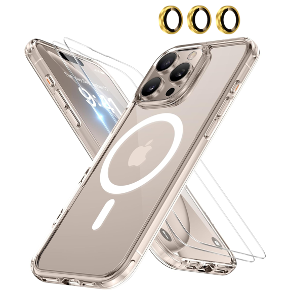 4-in-1 Entronix Bundle for iPhone 16 Pro, Magnetic Clear Case & 2 Screen Protector & Metallic Camera Lens Protector, Gold