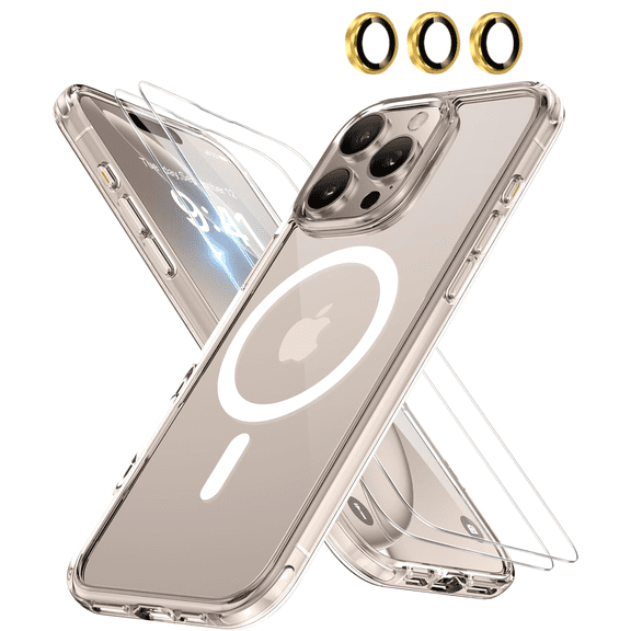 4-in-1 Entronix Bundle for iPhone 16 Pro Max, Magnetic Clear Case & 2 Screen Protector & Metallic Camera Lens Protector, Gold