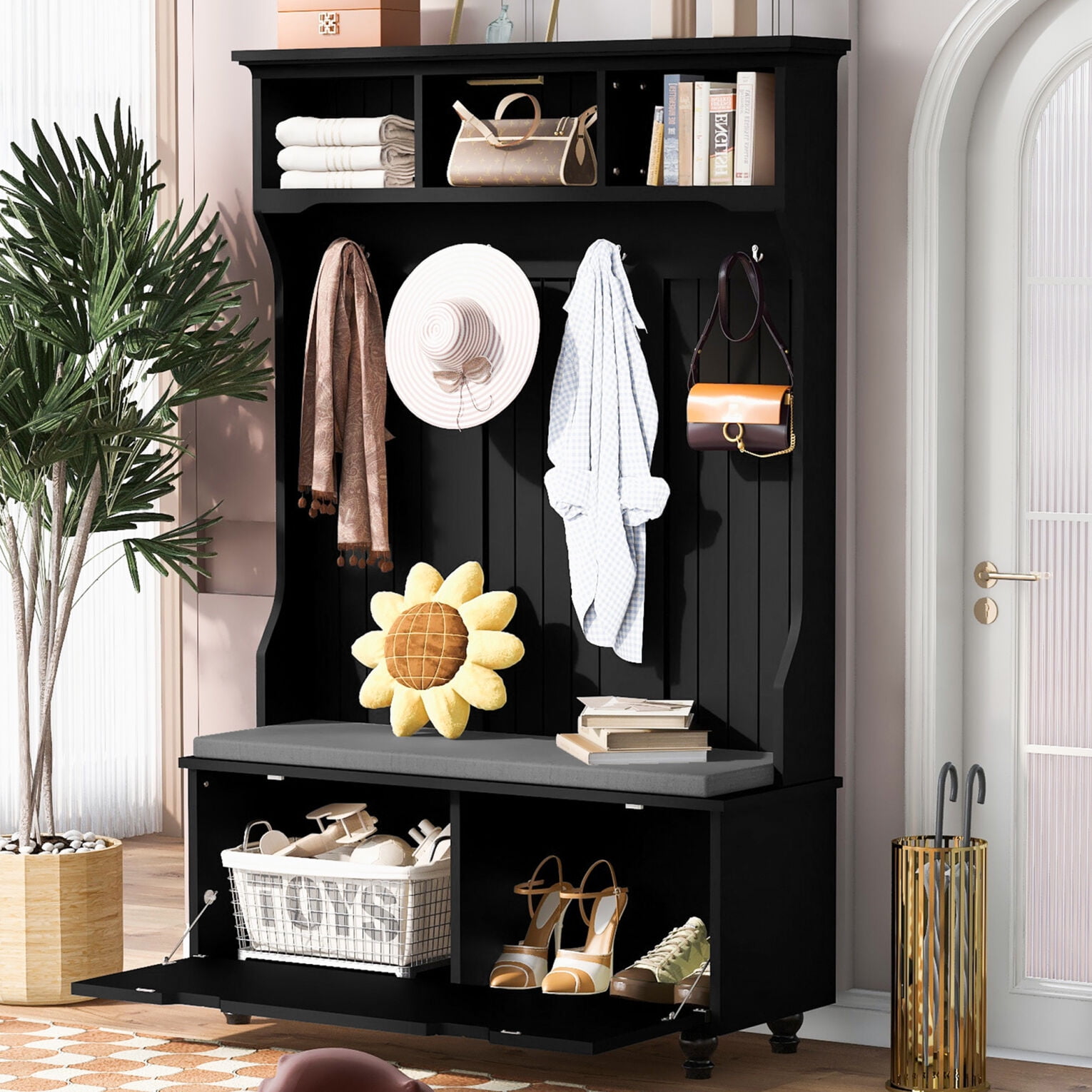 4in1 Entryway Bench with Coat Rack, Cushion and 4 Sturdy Hooks, Multiple Shelves, 47.2'' Wide