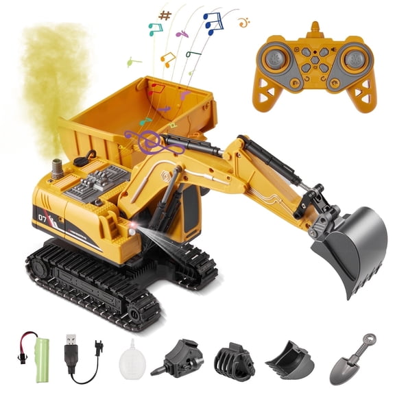 Petbank 4 in 1 Remote Control Excavator, Rechargeable RC Excavactor with Dump car, 11 Channel Excavator Construction Toy with Metal Shovel, Spray, Lights, Sounds, Gift for Boys and Girls, Yellow