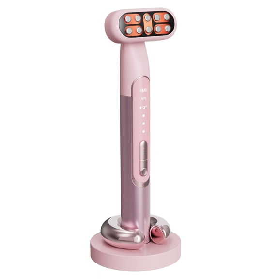 4-in-1 Eye & Face Massager Wand with Heat, Vibration & Multi-Color Light, Rechargeable Skincare Tool for a Revitalized Appearance and At-Home Spa,Pink