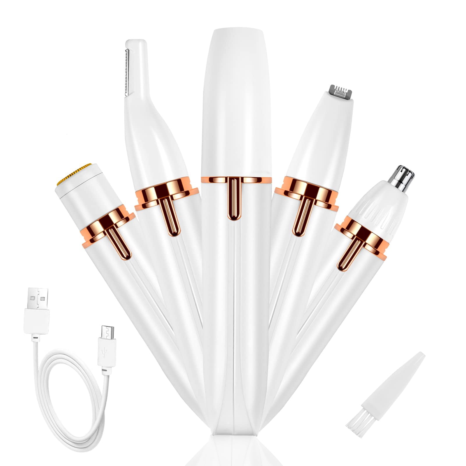 4 in 1 Eyebrow Trimmer, Nose Hair Trimmer, Hair Shaver Built-in Battery Rechargeable Four Replacement Head for Men and Women (White)