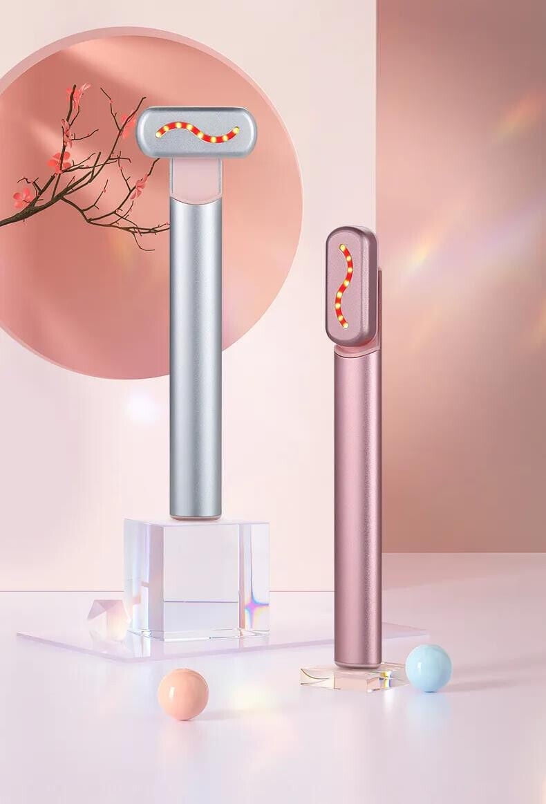 4-in-1 Facial Wand Red Light Therapy for Wrinkles Eyes Skincare Massager (Rose Gold)