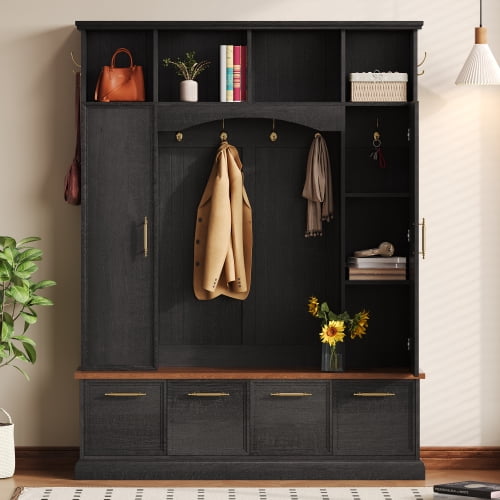 4-in-1 Farmhouse Hall Tree with Bench, Golden Hooks & Handles, Adjustable Shelves, Entryway Coat & Shoe Rack for Mudroom, Black