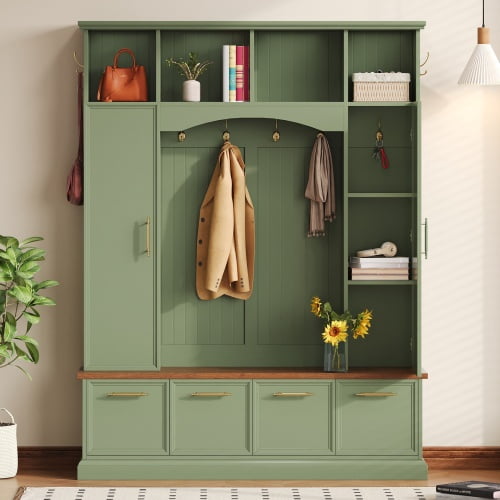 4-in-1 Farmhouse Wooden Hall Tree with Golden Hooks & Handles, Walnut Entryway Bench, Adjustable Shelves, 76.7" Tall Coat & Shoe Rack for Mudroom, Green
