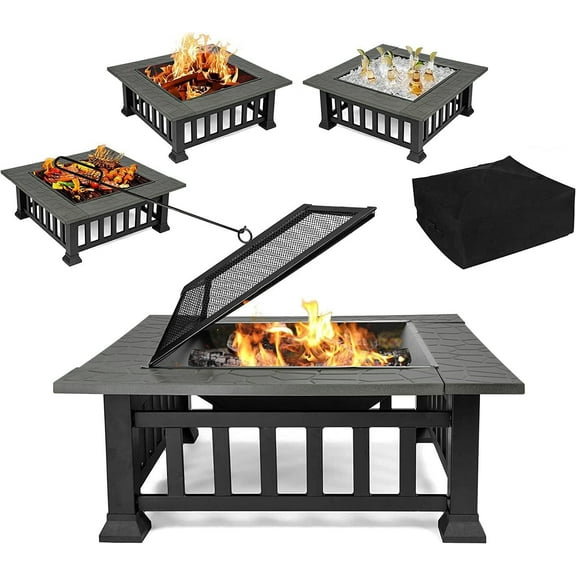 4-in-1 Fire Pit Table for Outside, 32'' Fire Pit Grill Outdoor Wood Burning with Fire Poker&Lid,Square Bonfire Pits Stove for Camping Patio BBQ Balcony Beach Backyard Heating