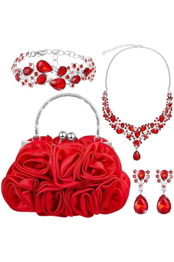 4 in 1 Floral Clutch Purse Set, Detachable Strap & Opulent Rhinestone Jewelry, Complete Evening Bag Ensemble for Wedding, Prom, Valentine's Day