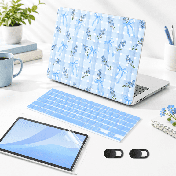 4-in-1 Flower&Bows&Watercolor Plaid Printed Laptop Hard Shell for MacBook Neo 13 Inch 2026 Model A3404