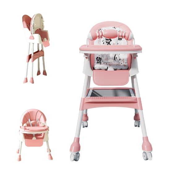 4-in-1 Foldable Baby High Chair, Portable Toddler Dining Chair for Eating & Playing, Convertible Highchair with Adjustable Tray, Pink
