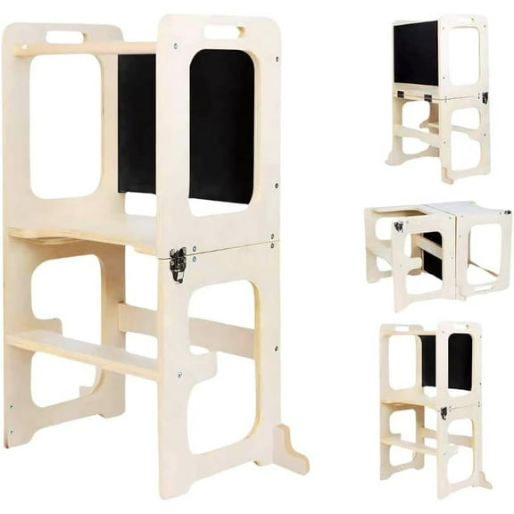 4-in-1 Foldable Learning Kitchen Tower, Stool with Chalkboard, Desk, Table & Chair, Montessori Kitchen Stool, Learning & Kitchen Tower for 1-6 Years Old