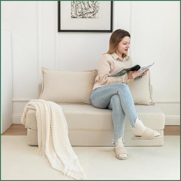 4-in-1 Foldable Sofa Bed Sleeper with Memory Foam  Ideal for Living Room/Dorm/Guest Room | Beige | Corduroy | Armless