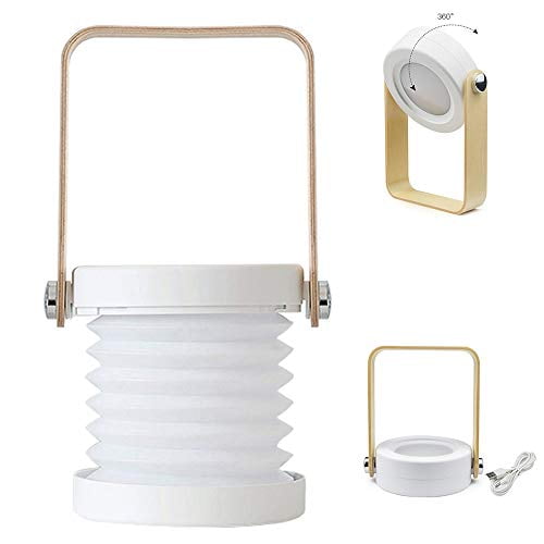 4-in-1 Foldable Table Lamp,USB Retractable LED Light,Wooden Handle Portable Lantern and Flashlight,Touch Control Dimmable 3 Level Brightness Night Light for Reading,Outdoor Camping (White)