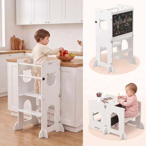 4-in-1 Foldable Toddler Kitchen Tower, Bamboo Step Stool with Chalkboard, Desk & Chair,White