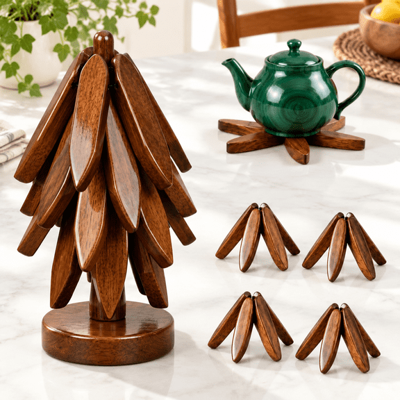 4-in-1 Foldable Walnut Wood Trivet Tree Coaster Set, Heat Resistant Table Protector