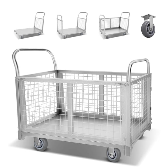 4-in-1 Foldable Wire Mesh Cage Cart, 2200 lbs Heavy Duty Steel Flatbed Dolly with 360° Swivel Casters, 40.1" L x 23.2" W x 37.7" H, for Moving & Logistics