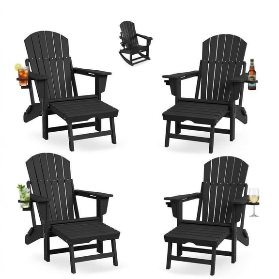 4-in-1 Folding Adirondack Chair Set of 4 HDPE, with Retractable Ottoman & Cup Holder, All-Weather Outdoor Patio Rocking Chairs for Lawn, Porch, Poolside, Black (4 Pack)