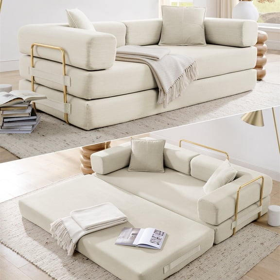 4-in-1 Folding Convertible Sofa Bed, 78 Inch Boneless Couch with Fixed-Shape Frame, Corduroy Loveseat Sleeper with Pull Out Bed, Floor Sofa Modular Futon Couch for Living Room Bedroom Lounge, Beige