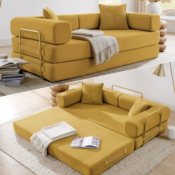 4-in-1 Folding Convertible Sofa Bed, 78 Inch Boneless Couch with Fixed-Shape Frame, Corduroy Loveseat Sleeper with Pull Out Bed, Floor Sofa Modular Futon Couch for Living Room Bedroom Lounge, Orange