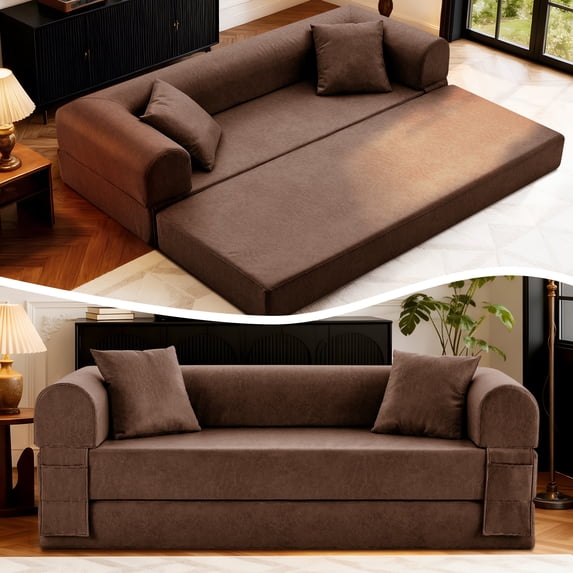 4-in-1 Folding Convertible Sofa Bed, 78 Inch Faux Leather Boneless Couch, Loveseat Sleeper with Pull Out Bed, Floor Sofa Modular Futon Teddy Sofa for Living Room Bedroom Lounge, Brown