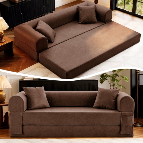 4-in-1 Folding Convertible Sofa Bed, 78 Inch Faux Leather Boneless Couch, Loveseat Sleeper with Pull Out Bed, Floor Sofa Modular Futon Teddy Sofa for Living Room Bedroom Lounge, Brown