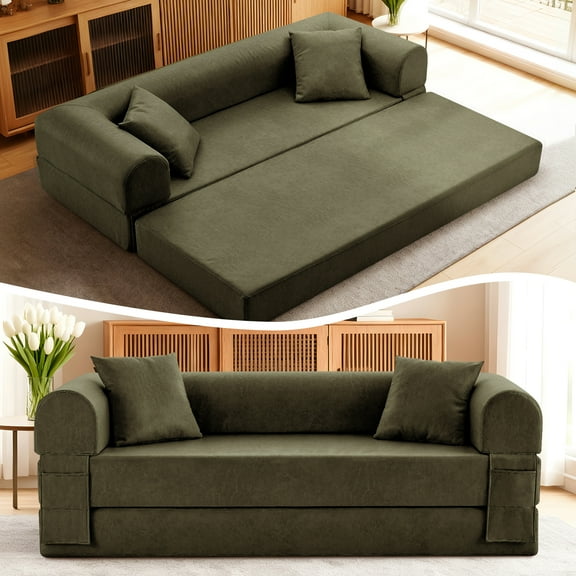 4-in-1 Folding Convertible Sofa Bed, 78 Inch Faux Leather Boneless Couch, Loveseat Sleeper with Pull Out Bed, Floor Sofa Modular Futon Teddy Sofa for Living Room Bedroom Lounge, Green