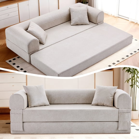4-in-1 Folding Convertible Sofa Bed, 78 Inch Faux Leather Boneless Couch, Loveseat Sleeper with Pull Out Bed, Floor Sofa Modular Futon Teddy Sofa for Living Room Bedroom Lounge, Beige