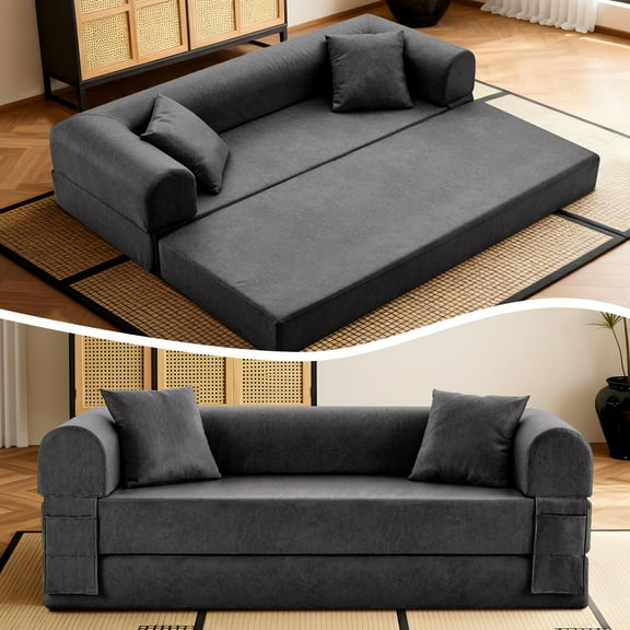 4-in-1 Folding Convertible Sofa Bed, 78 Inch Faux Leather Boneless Couch, Loveseat Sleeper with Pull Out Bed, Floor Sofa Modular Futon Teddy Sofa for Living Room Bedroom Lounge, Gray