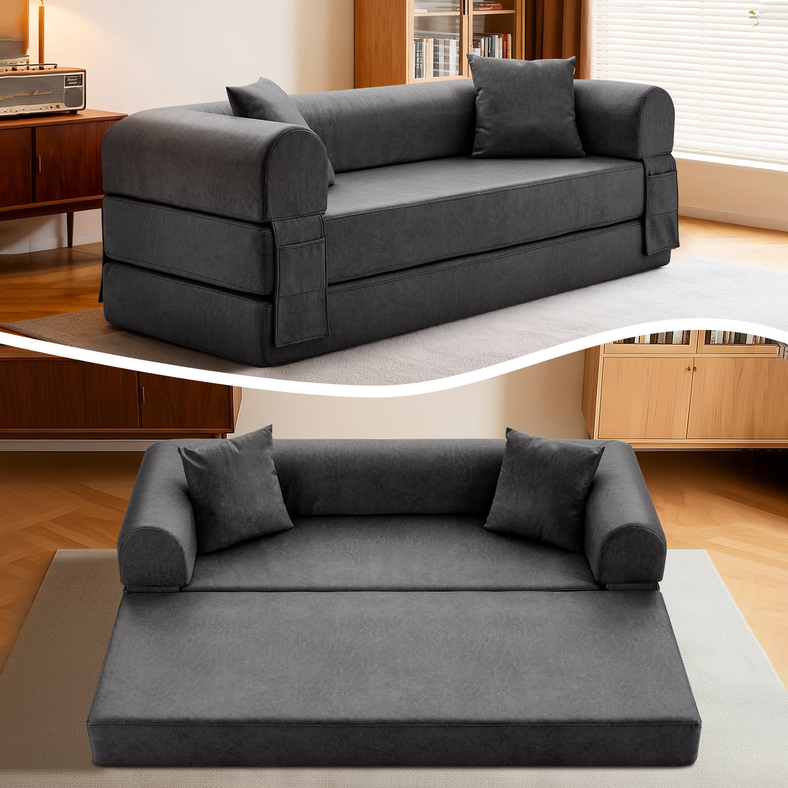 4-in-1 Folding Convertible Sofa Bed, 78 Inch Oversized Faux Leather Boneless Couch, Loveseat Sleeper with Pull Out Bed, Floor Sofa Modular Futon Teddy Sofa for Living Room Bedroom Lounge, Gray
