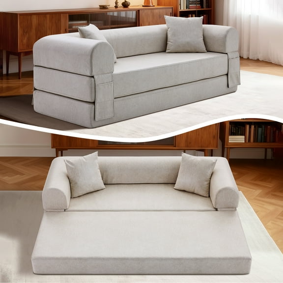 4-in-1 Folding Convertible Sofa Bed, 78 Inch Oversized Faux Leather Boneless Couch, Loveseat Sleeper with Pull Out Bed, Floor Sofa Modular Futon Teddy Sofa for Living Room Bedroom Lounge, Beige